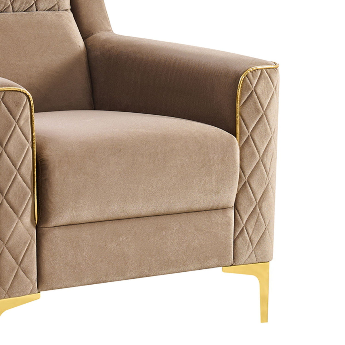 Upholstered living room chair beige velvet with stitched sides and gold legs HouseOfZazla on Tampa Home & Garden Store
