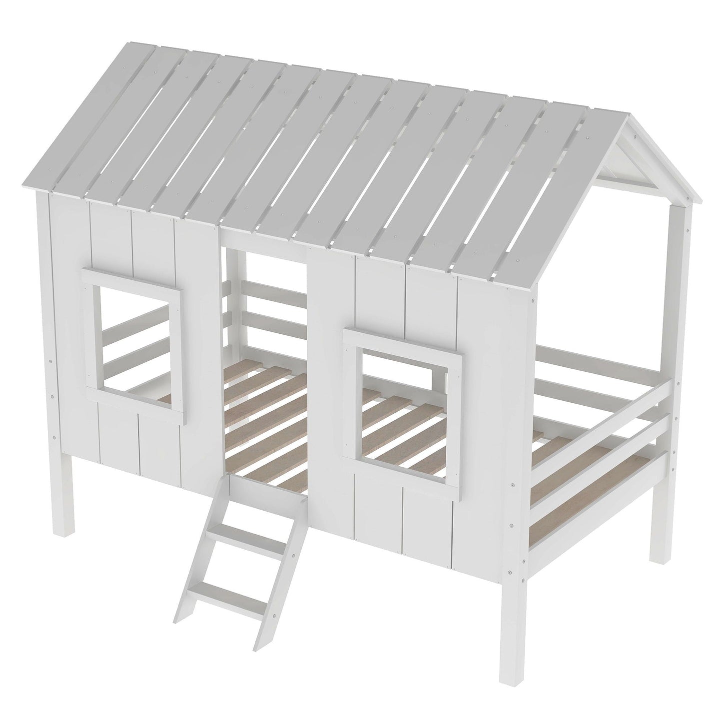 White twin loft house bed with roof and 2 front windows, HouseOfZazla platform bed on Tampa Home & Garden Store