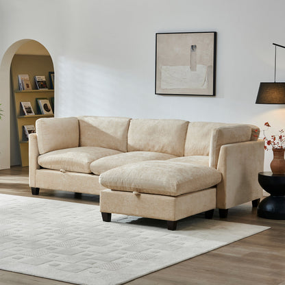 96.5in L-shaped two-piece sectional sofa with ottoman by HouseOfZazla in beige fabric on Tampa Home & Garden Store