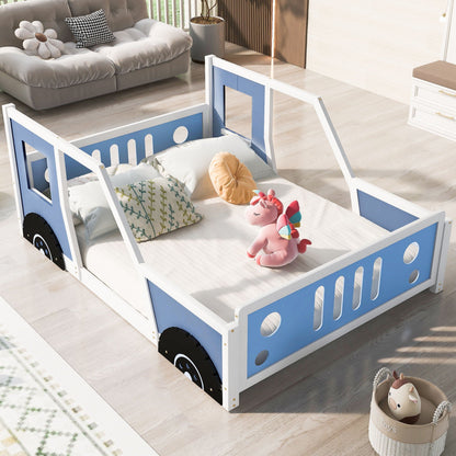 Classic Car Shaped Platform Bed With Wheels blue white finish by HouseOfZazla car beds for kids on Tampa Home & Garden Store