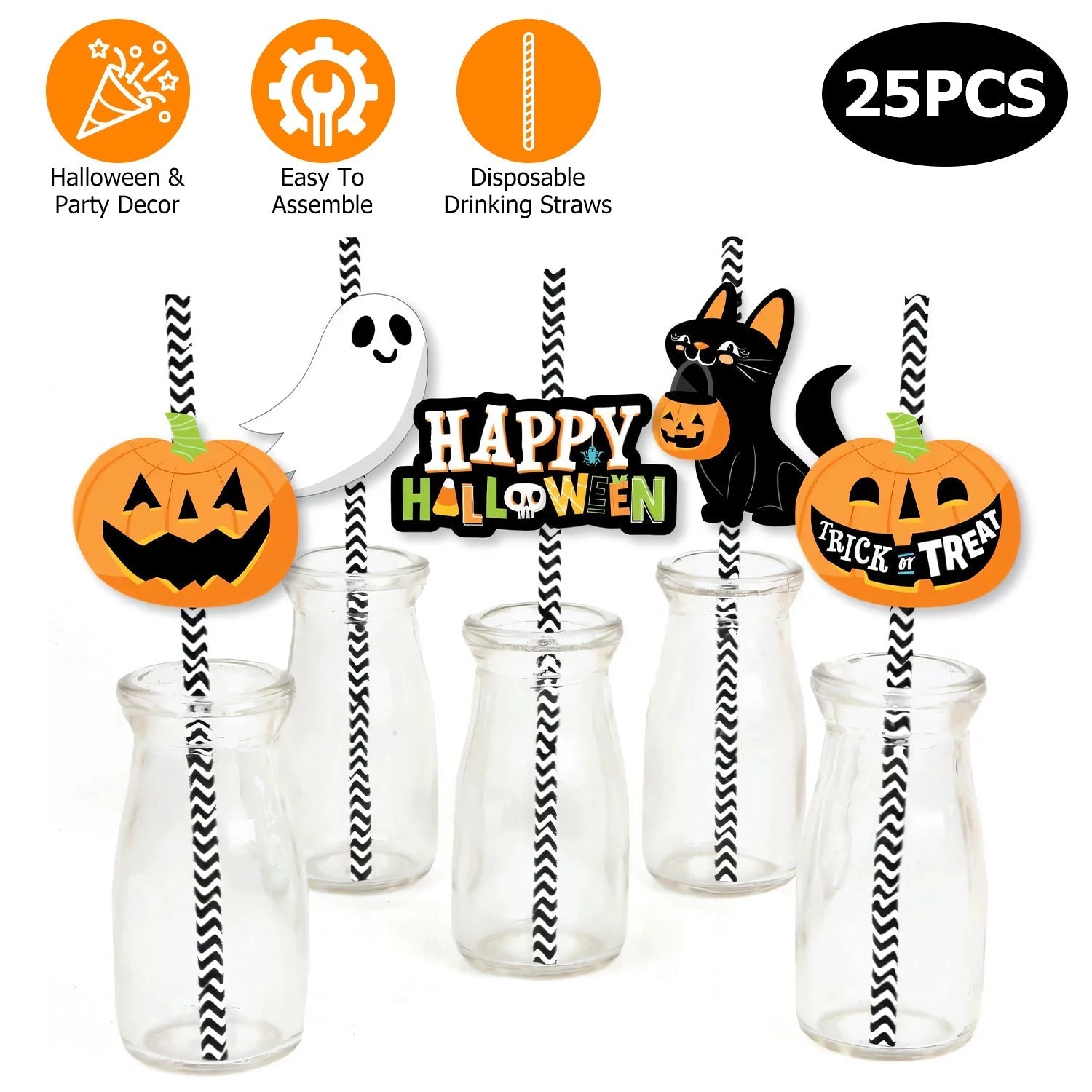 25Pcs Halloween striped paper straws with ghost pumpkin black cat decor GemGear on Tampa Home & Garden Store