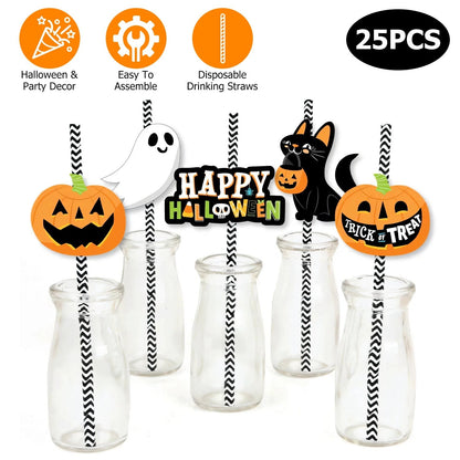 25Pcs Halloween striped paper straws with ghost pumpkin black cat decor GemGear on Tampa Home & Garden Store