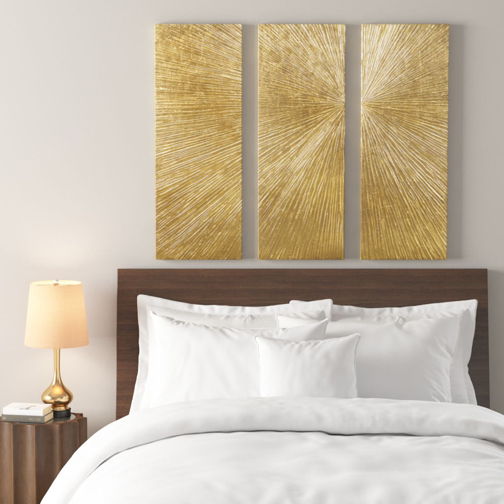 Lumina Aurea Signature Sunburst Triptych wall art in gold hand-painted by HouseOfZazla on Tampa Home & Garden Store