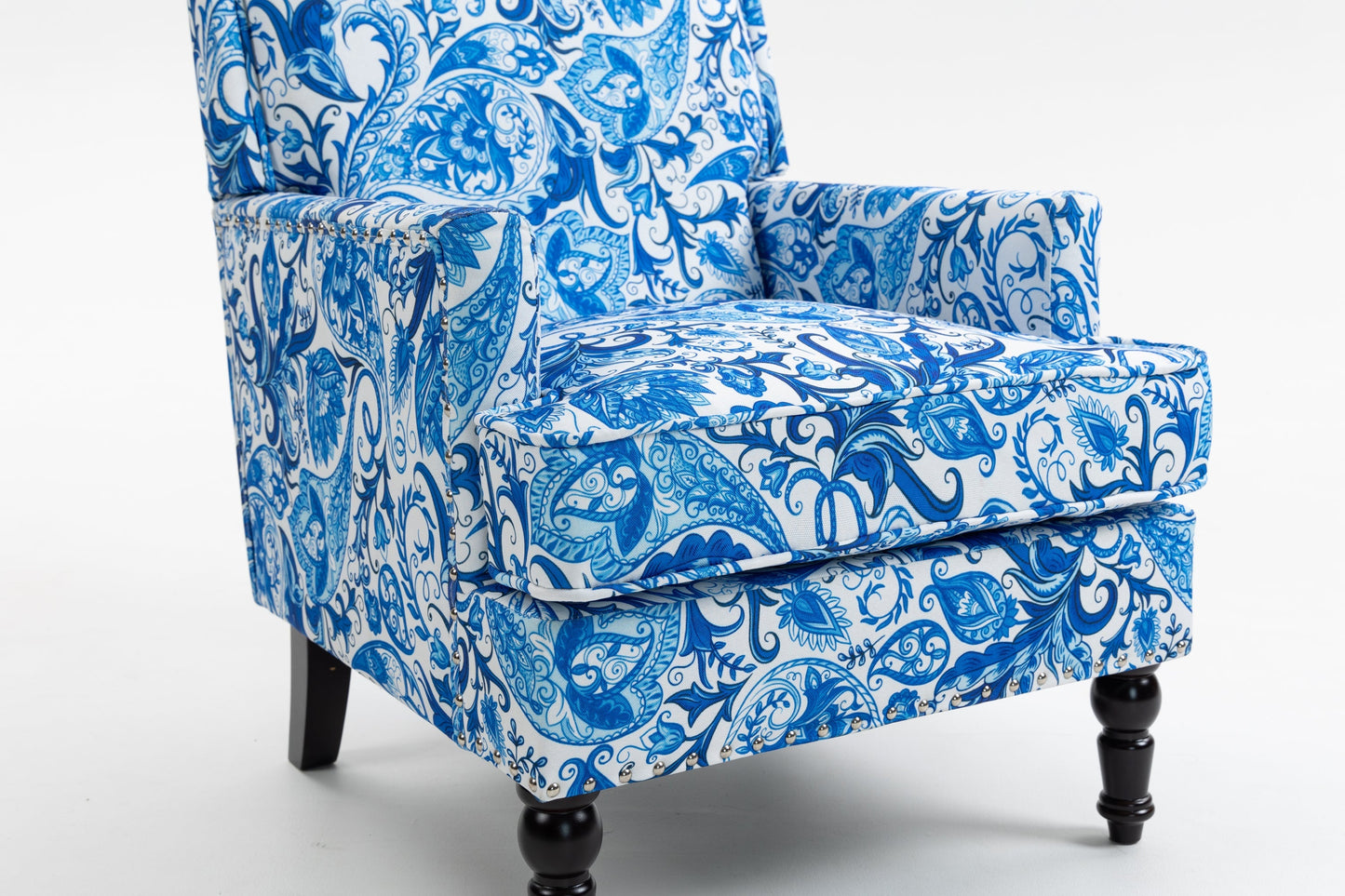 Upholstered Accent Chair HouseOfZazla in blue white porcelain print with nailhead trim Tampa on Tampa Home & Garden Store