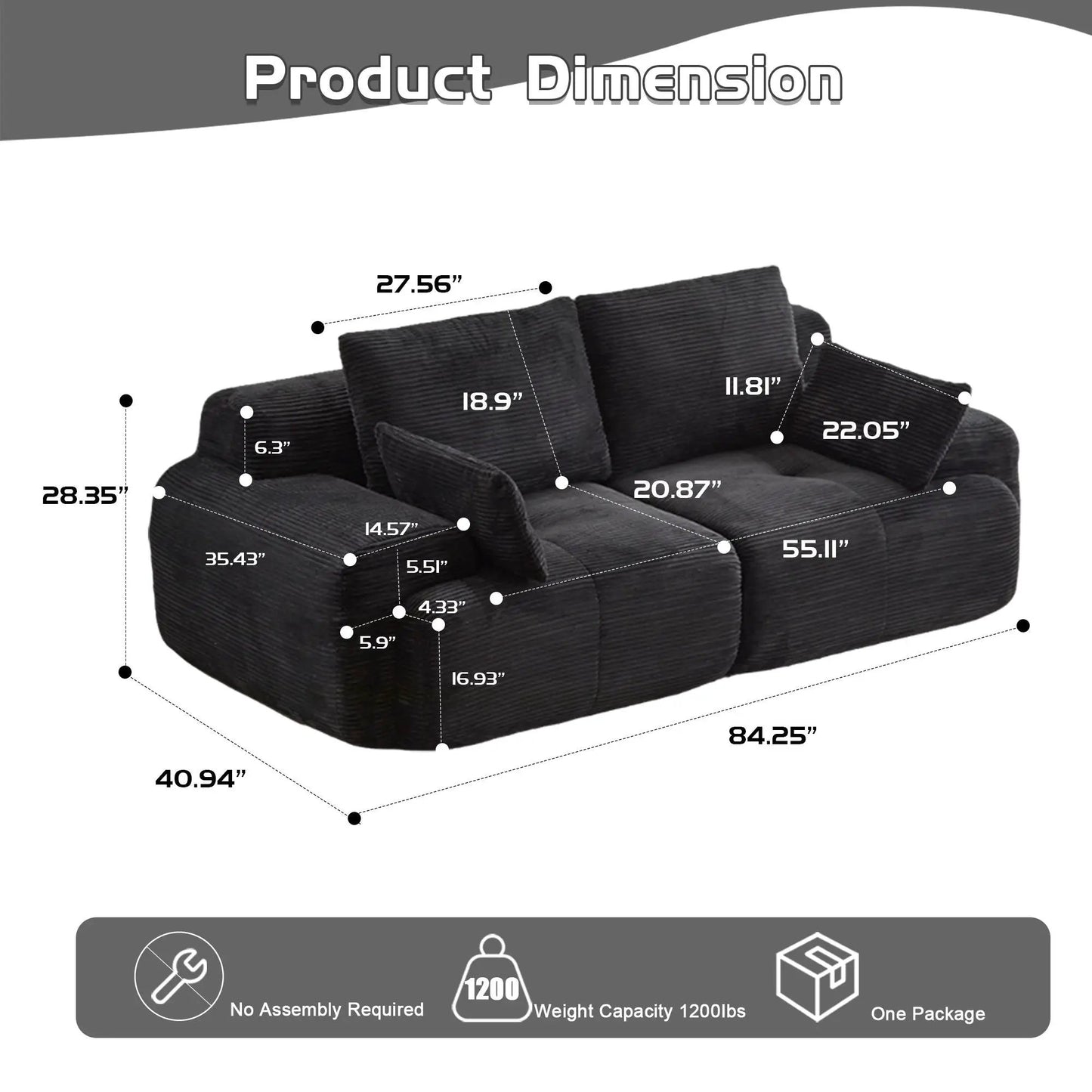 2 Seater Large Sectional Sofa by Unique Piece Furniture in dark gray textured fabric, stationary on Tampa Home & Garden Store