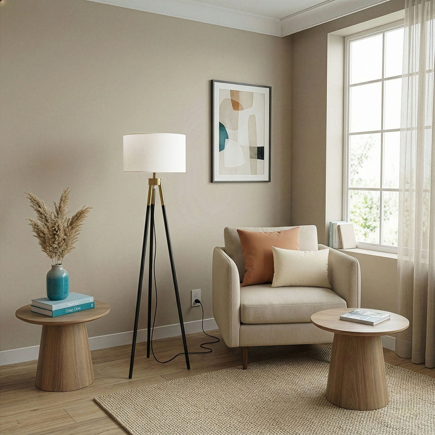 Sway floor lamp with three black legs, gold stem and white shade, on/off switch on Tampa Home & Garden Store