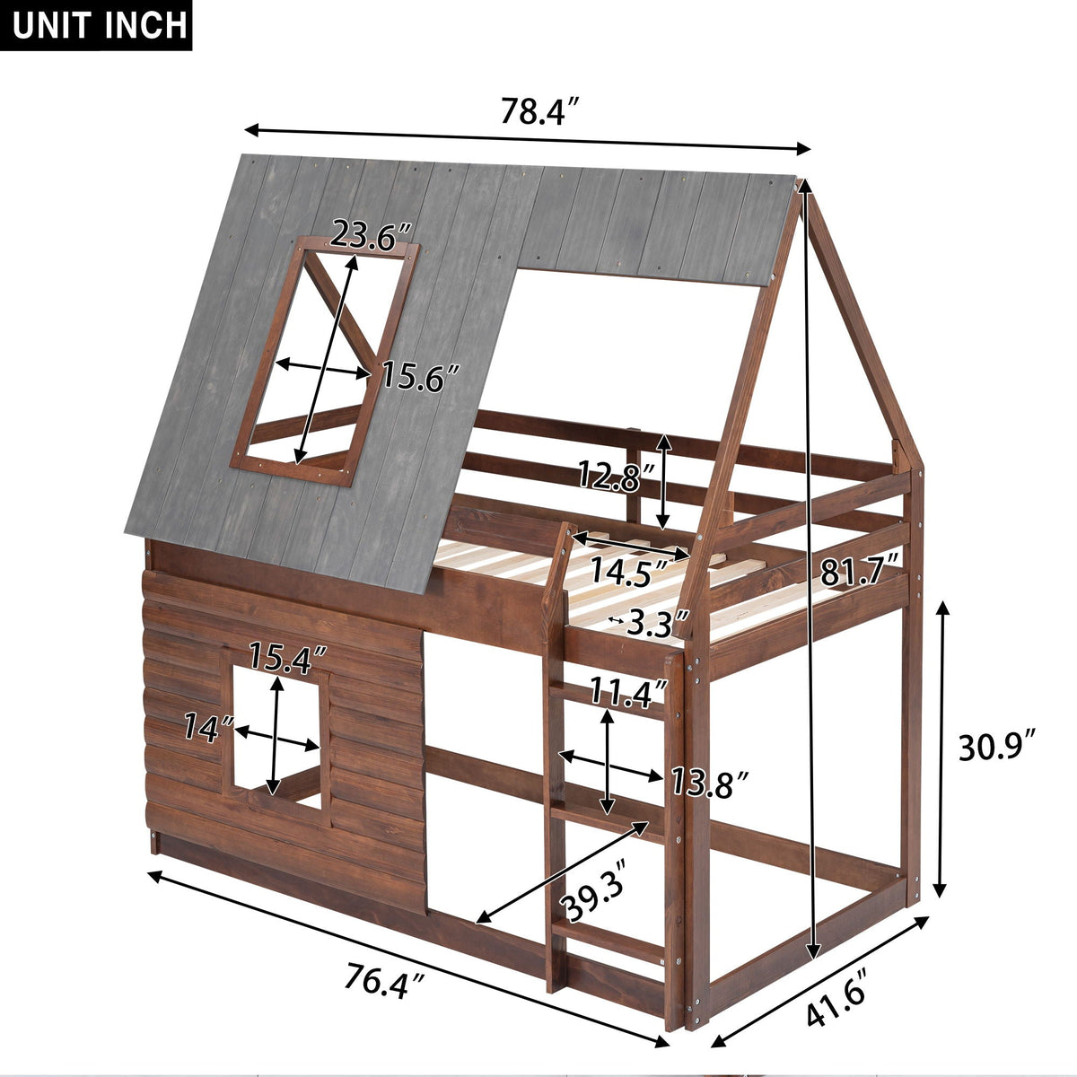 HouseOfZazla oak and smoky gray wood twin-size house bunk bed with roof, ladder and 2 windows on Tampa Home & Garden Store