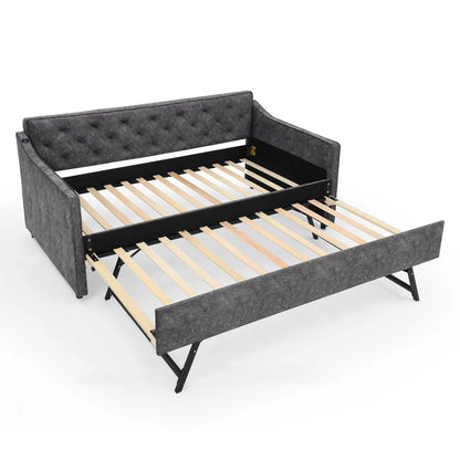 Daybed with pop up trundle and USB charging armrest in dark gray tufted upholstery on Tampa Home & Garden Store