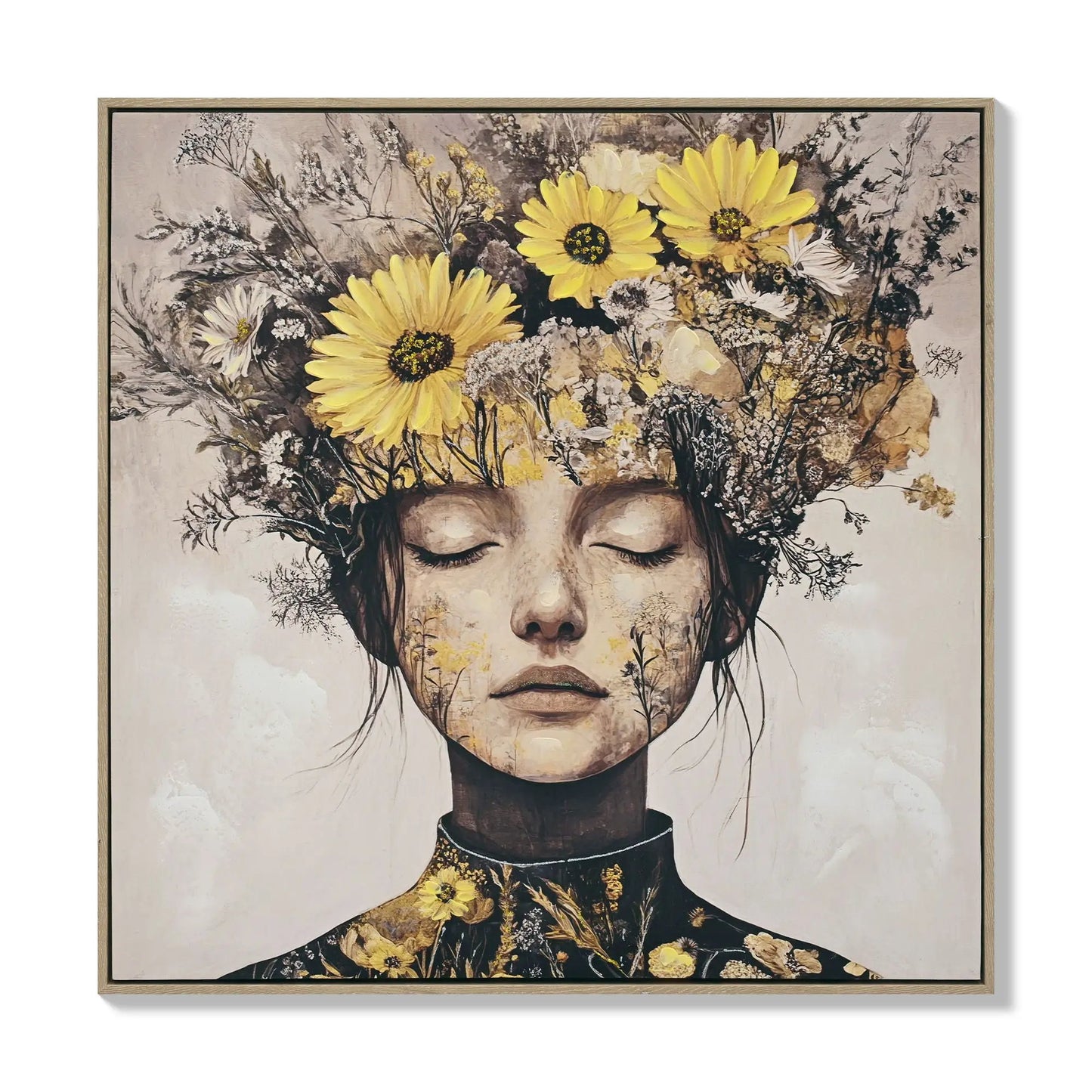 Beauty Lady Wall Art floral canvas with yellow sunflowers on ginger-toned background on Tampa Home & Garden Store