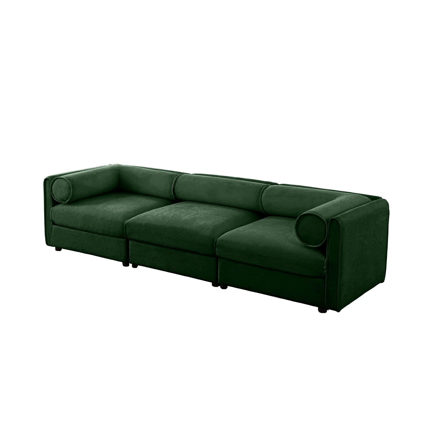 Stylish green velvet storage sofa with cylindrical backrest bolsters and legs on Tampa Home & Garden Store