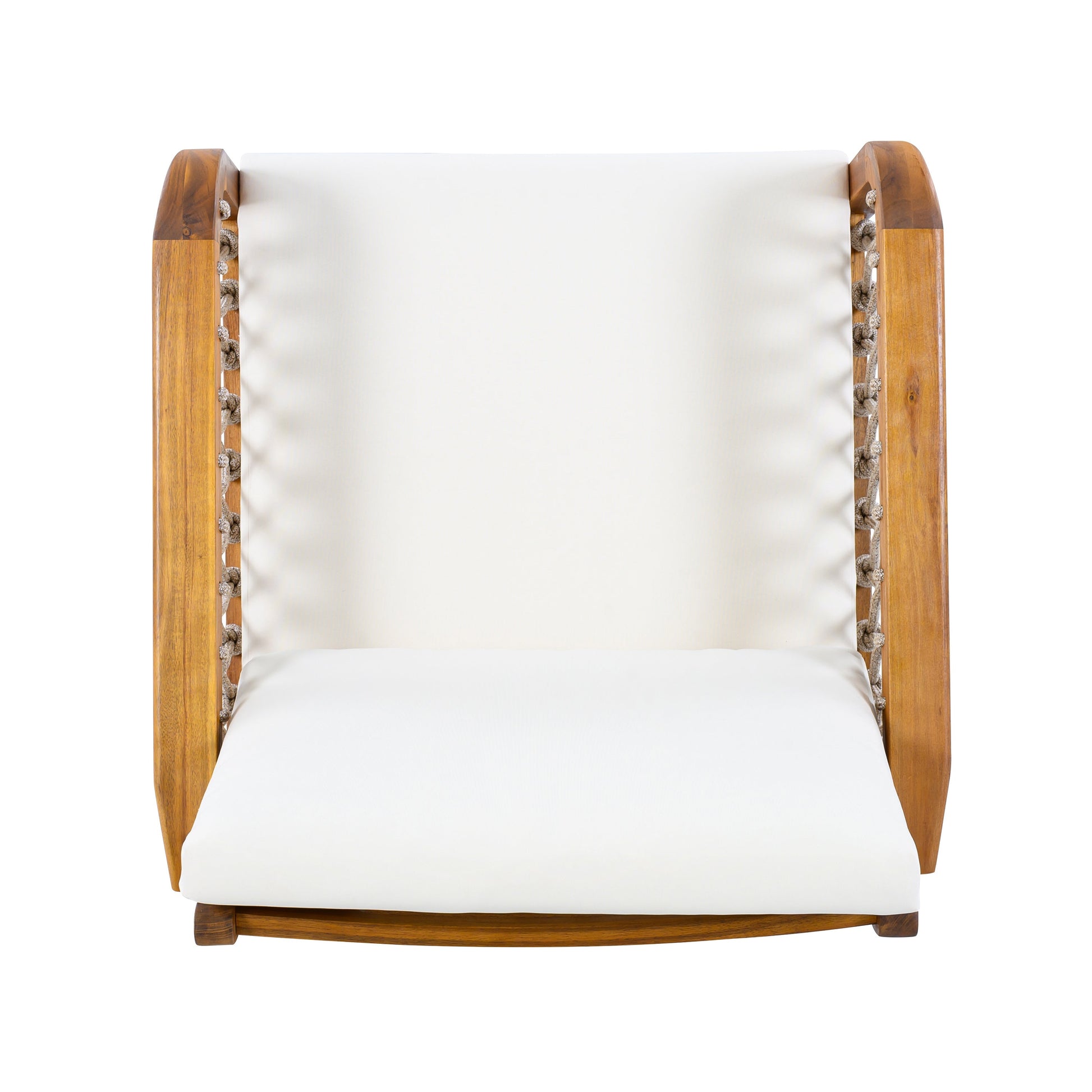 Outdoor acacia wood club chair with handwoven rope and teak finish by HouseOfZazla on Tampa Home & Garden Store
