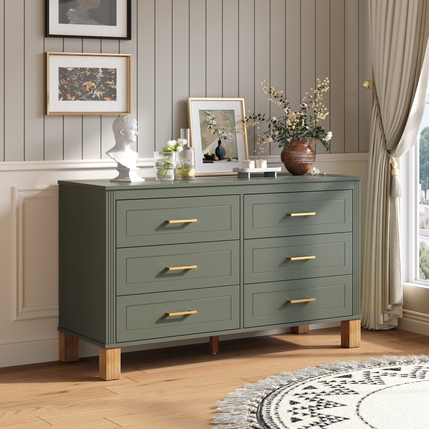 6-Drawer Double Dresser in Olive by HouseOfZazla with gold handles on Tampa Home & Garden Store