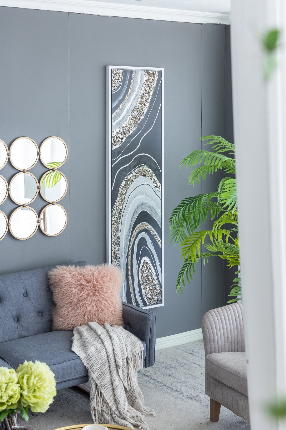 Elongated Rectangle Wall Art with Silver Frame - Multicolor geode design in gray tones on Tampa Home & Garden Store