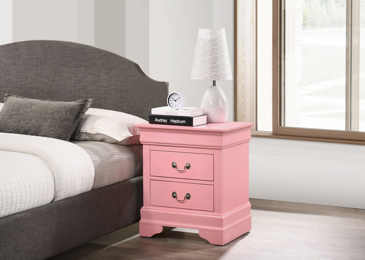 Accent nightstand pink by HouseOfZazla with three drawers and silver hardware beside bed on Tampa Home & Garden Store