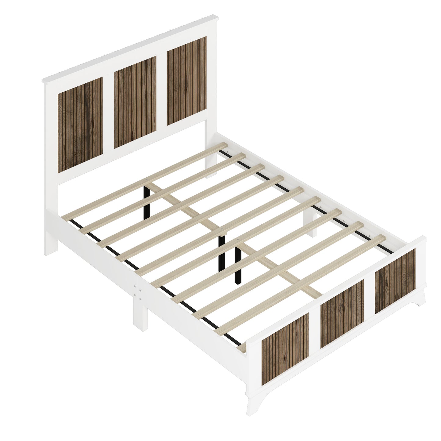 Queen size farmhouse platform bed with white frame and brown wood headboard slatted base on Tampa Home & Garden Store