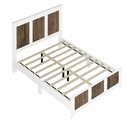 Queen size farmhouse platform bed with white frame and brown wood headboard slatted base on Tampa Home & Garden Store