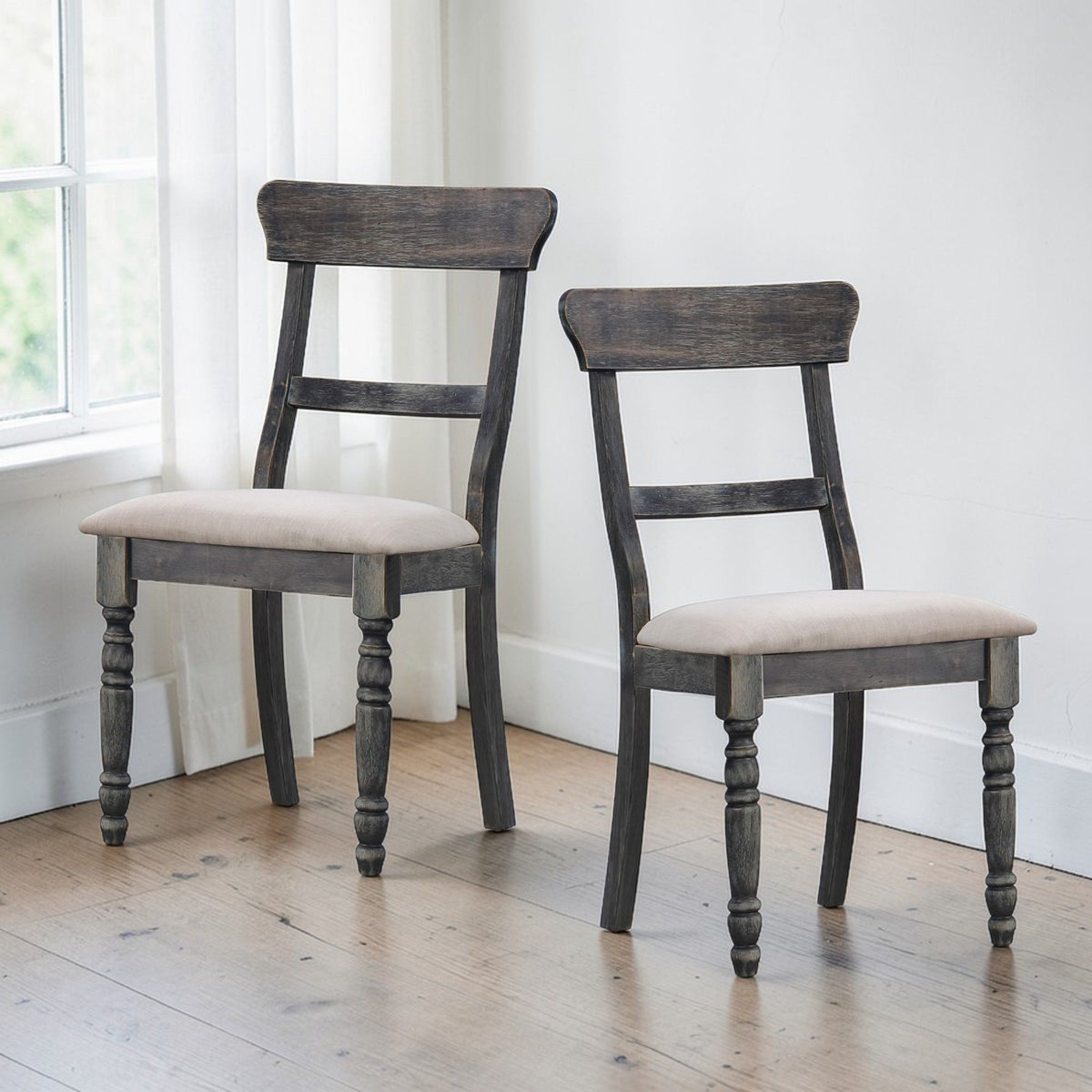 Linen Weathered Side Chair Set with Padded Seats in dark wood, 2 chairs by HouseOfZazla on Tampa Home & Garden Store