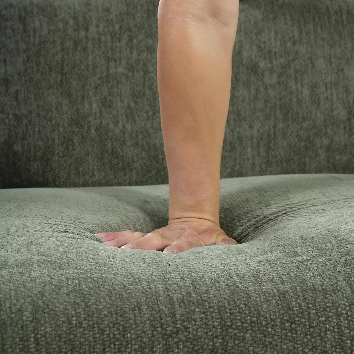 87.4 Modern Minimalist Curved Block Sofa cushion in dark green fabric upholstery on Tampa Home & Garden Store