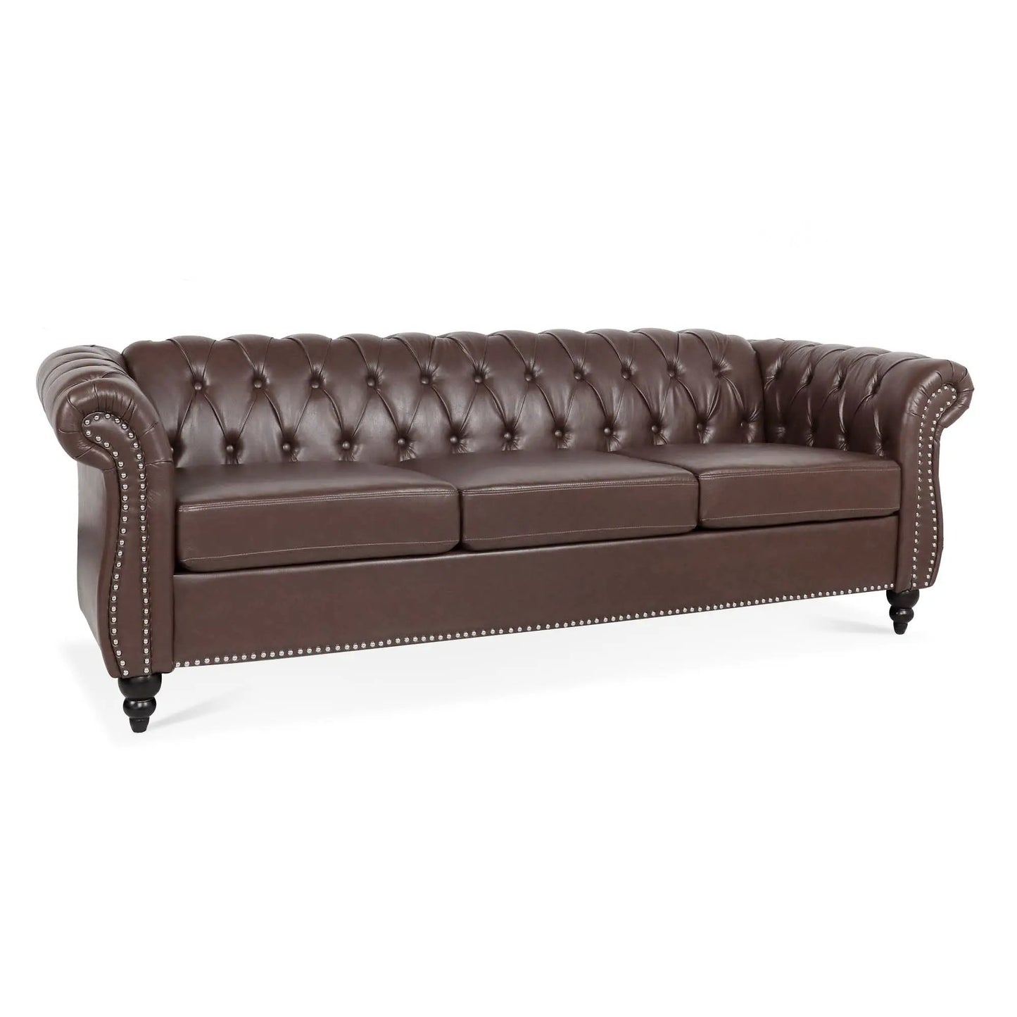 Rolled Arm Chesterfield 3-Seater Leather Sofa brown with deep tufting and nailhead trim on Tampa Home & Garden Store