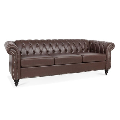 Rolled Arm Chesterfield 3-Seater Leather Sofa brown with deep tufting and nailhead trim on Tampa Home & Garden Store