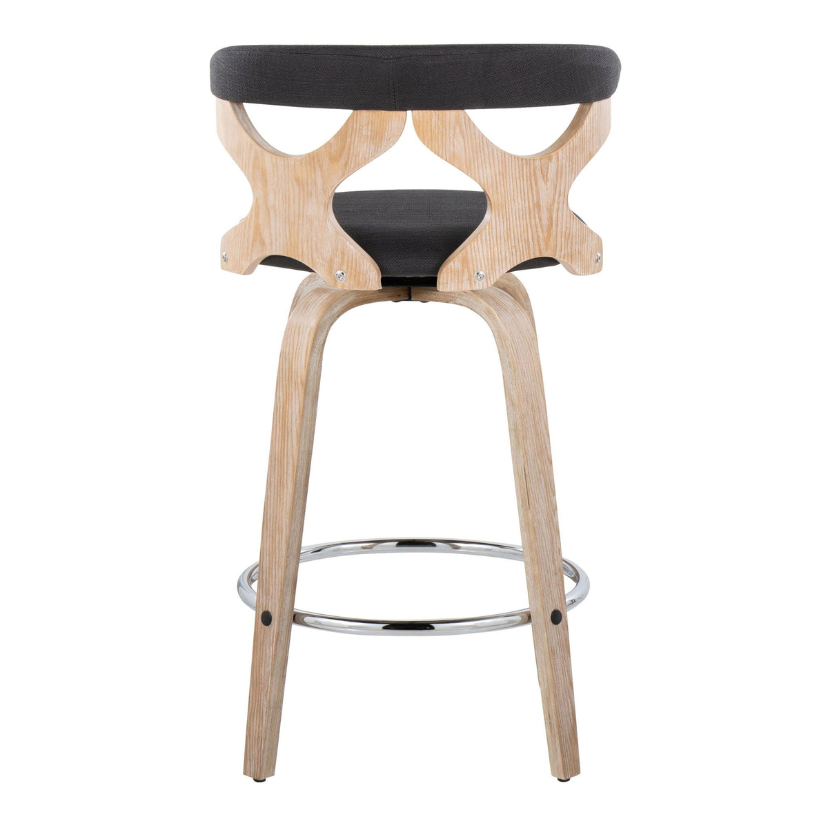 Mid Century Modern fixed-height counter stool with swivel, black upholstered seat on wood base on Tampa Home & Garden Store