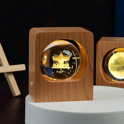 Beech wood crystal ball night light with elk and jellyfish engraving, amber LED, USB dimmable on Tampa Home & Garden Store