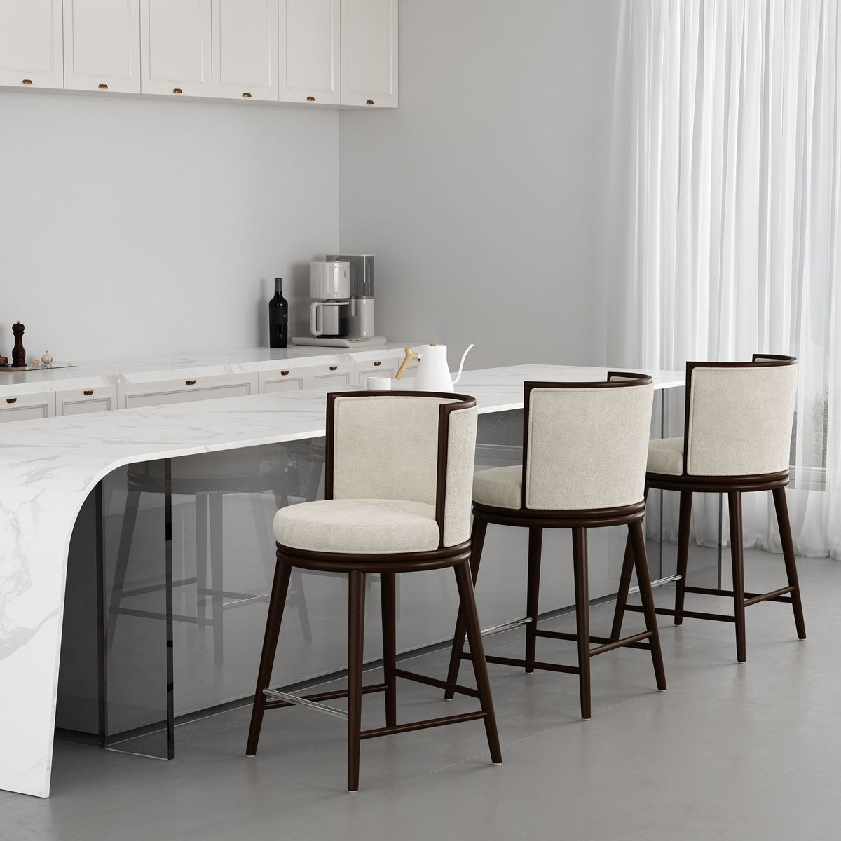 Evalyn Counter Stool by HouseOfZazla; beige seat, dark wood legs, 3 stools at marble counter on Tampa Home & Garden Store