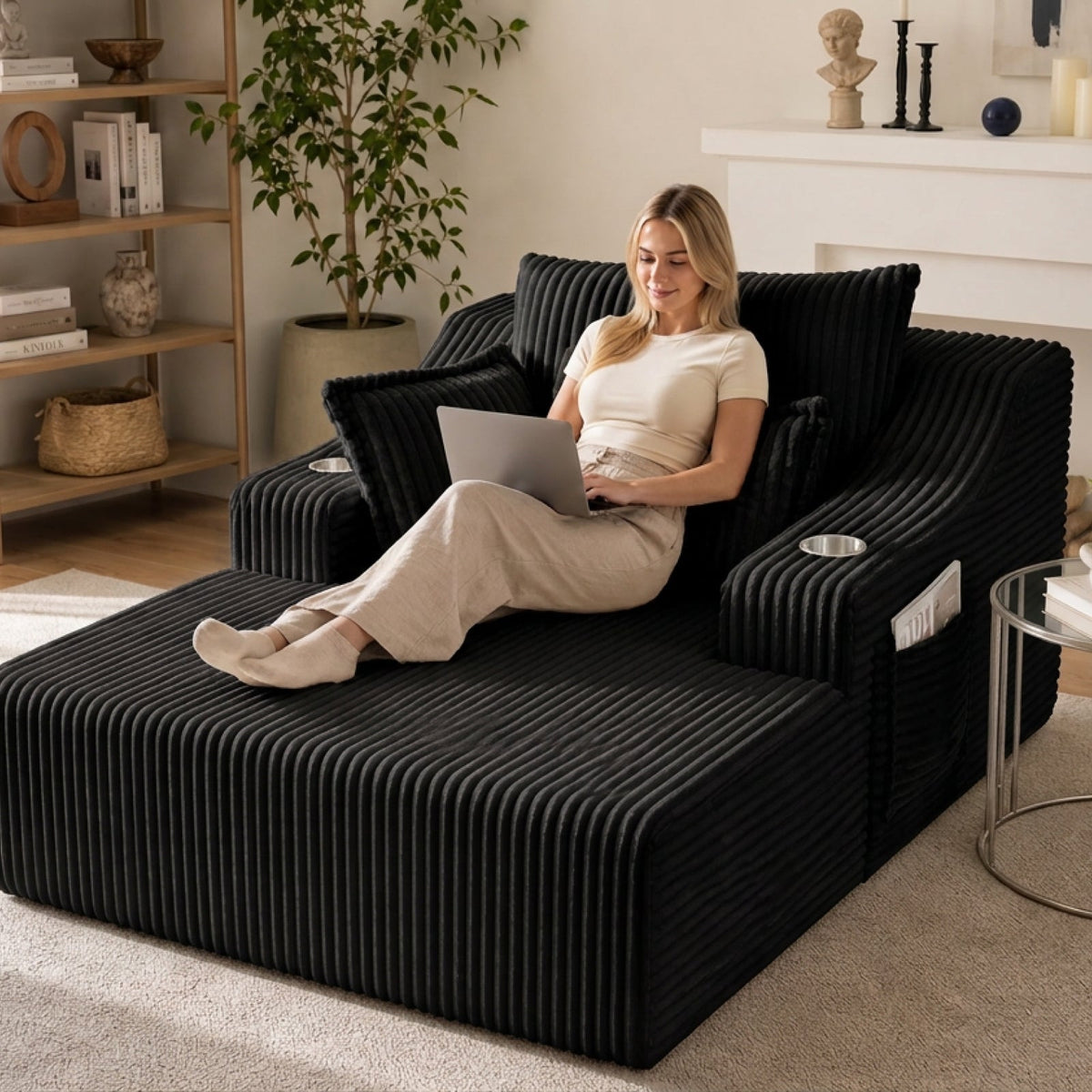 Comfortable oversized chaise lounge and bed in black ribbed velvet by HouseOfZazla with laptop on Tampa Home & Garden Store