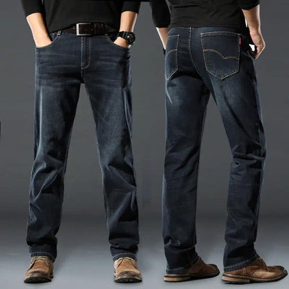High Elastic Men's Straight Loose Jeans by FLIPSTYLEZLLC, dark blue denim, front&back views on Tampa Home & Garden Store