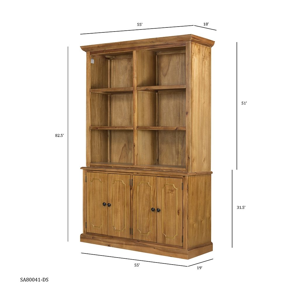 French Country Acacia Bookcase by HouseOfZazla, open shelves and lower cabinet storage on Tampa Home & Garden Store