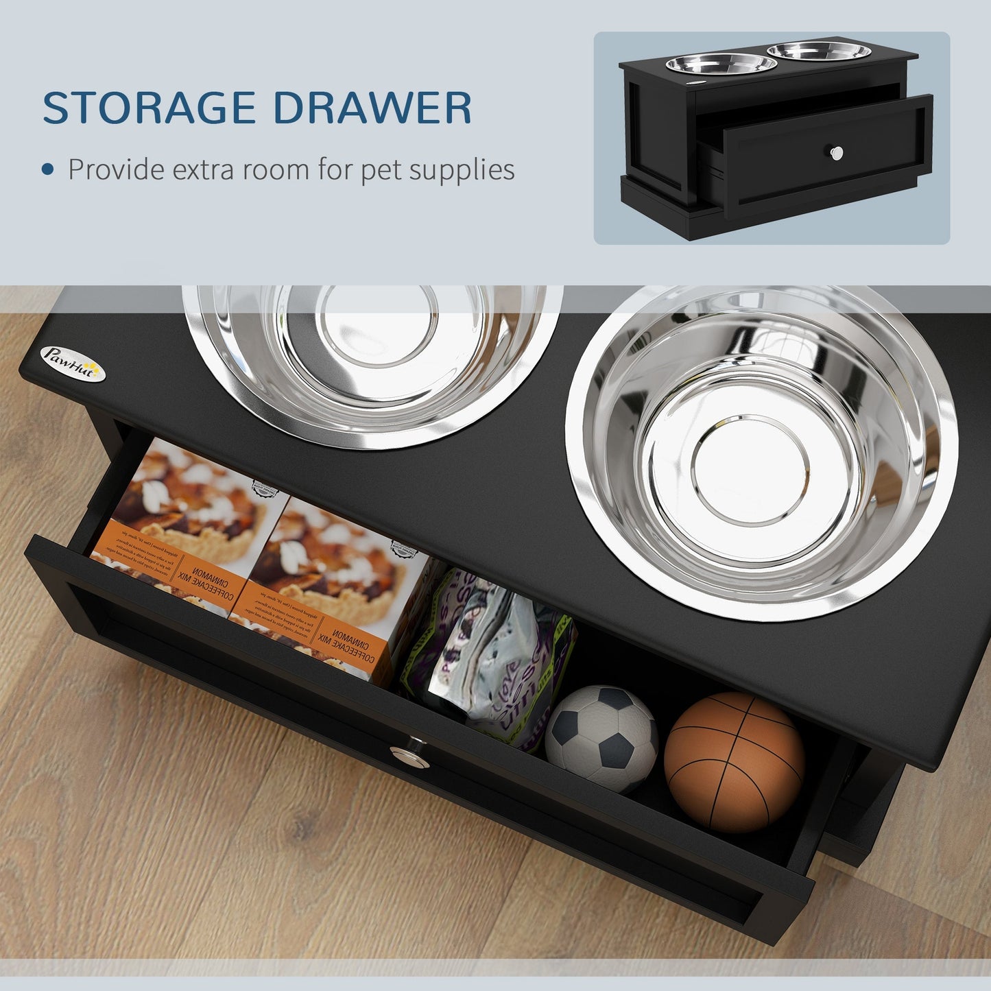 PawHut large elevated dog bowls with storage drawer, black stand, dual stainless bowls on Tampa Home & Garden Store