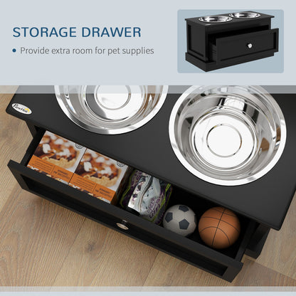PawHut large elevated dog bowls with storage drawer, black stand, dual stainless bowls on Tampa Home & Garden Store