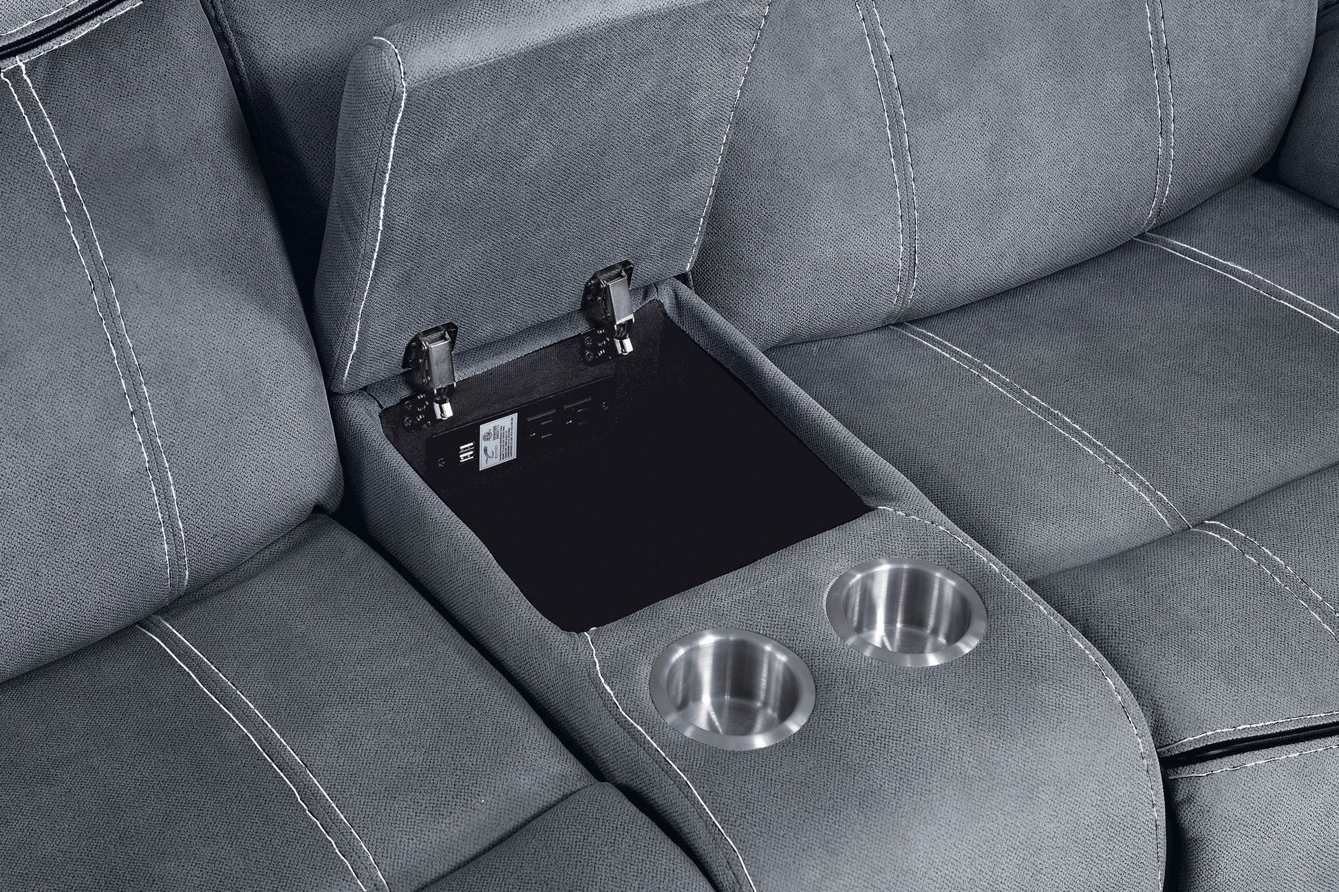 Zubaida Two Tone Recliner Loveseat with USB Port Console, gray fabric and cup holders on Tampa Home & Garden Store