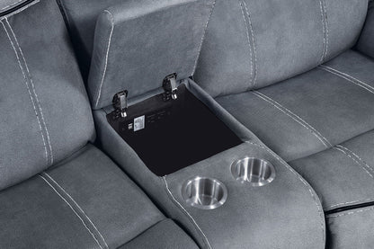 Zubaida Two Tone Recliner Loveseat with USB Port Console, gray fabric and cup holders on Tampa Home & Garden Store