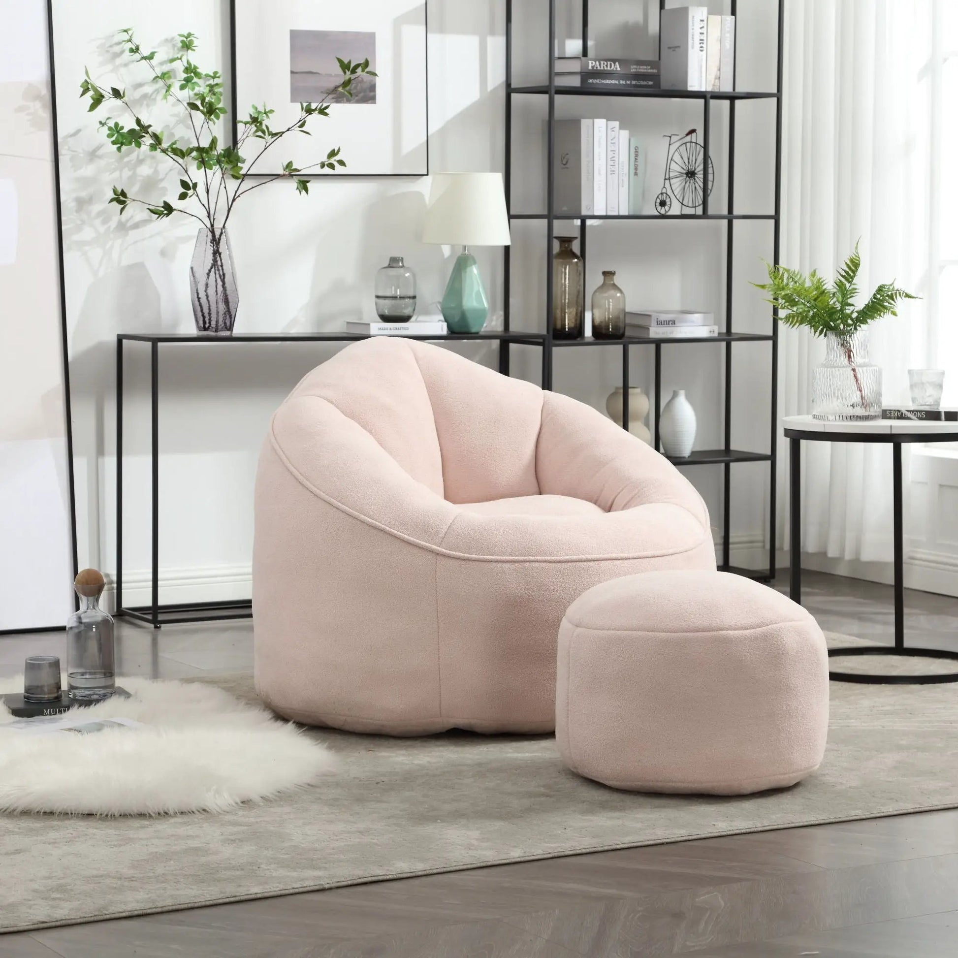 Bedding Bean Bag Sofa Chair with Footrest, blush pink fabric, high-pressure foam on Tampa Home & Garden Store