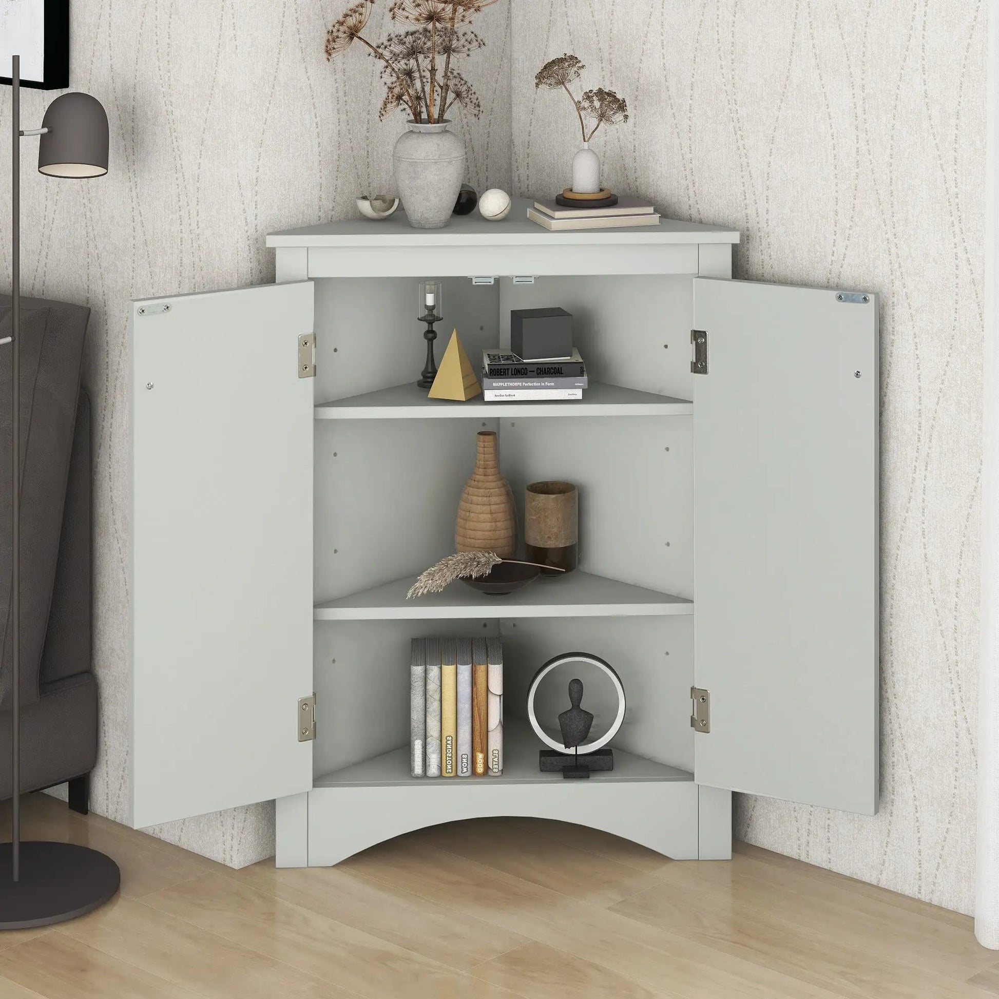 Triangle bathroom storage in gray with adjustable shelves; freestanding linen cabinet for books on Tampa Home & Garden Store