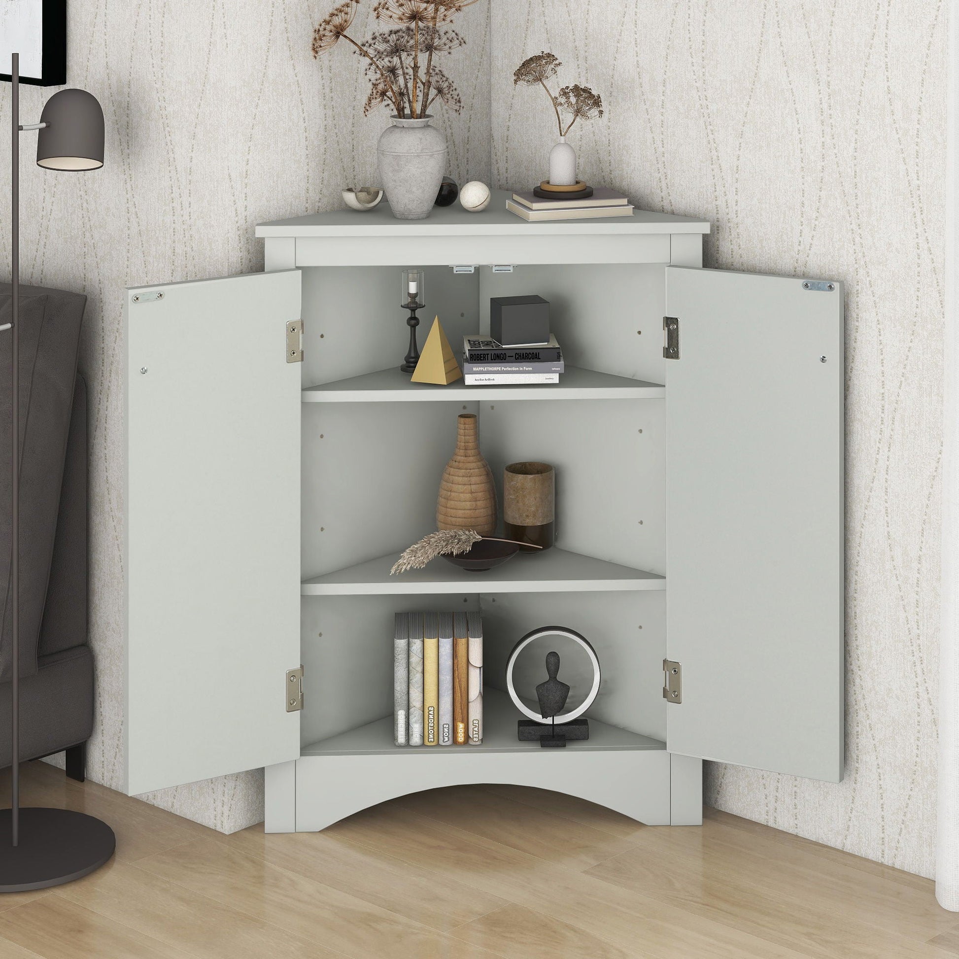 Triangle bathroom storage cabinet, light gray linen with adjustable shelves on Tampa Home & Garden Store