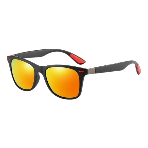 Polarized square sunglasses by BikerZoneZ with black frame and orange mirrored lenses on Tampa Home & Garden Store