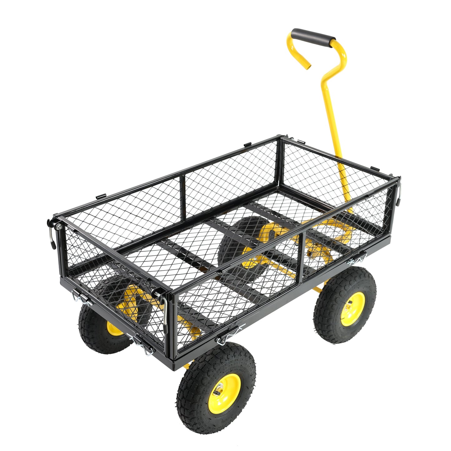 Outdoor wagon cart with black metal wire cargo bed and yellow wheels by HouseOfZazla on Tampa Home & Garden Store