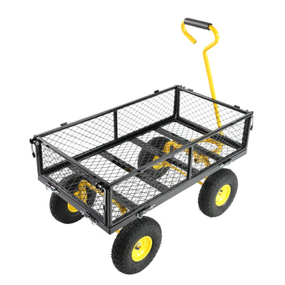 Outdoor wagon cart with black metal wire cargo bed and yellow wheels by HouseOfZazla on Tampa Home & Garden Store