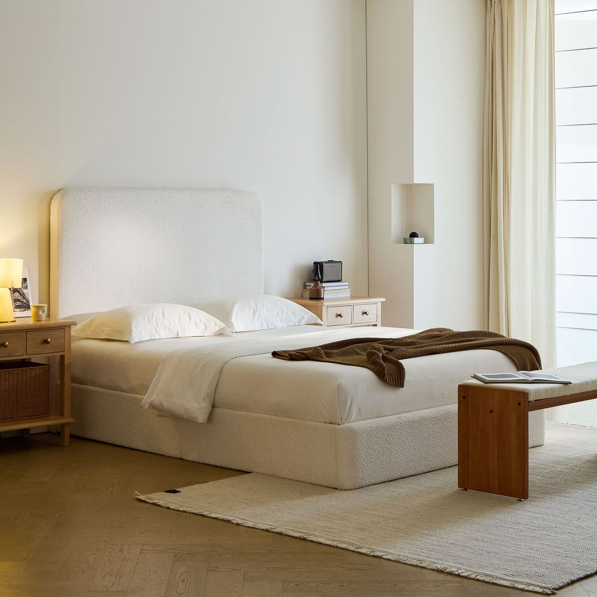 Canter Tall Headboard Upholstered Bed by HouseOfZazla in cream fabric with wood nightstands on Tampa Home & Garden Store