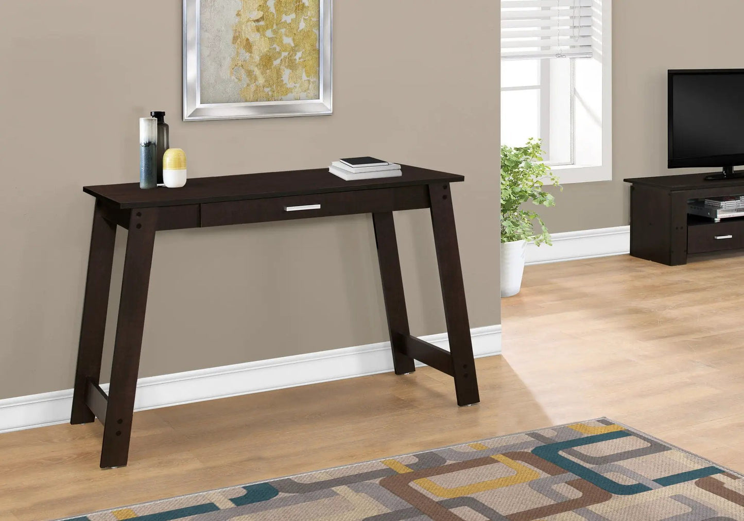 Computer desk in dark espresso with a single storage drawer and angled legs on Tampa Home & Garden Store