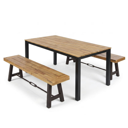 Outdoor Acacia Wood Dining Table and Two Benches