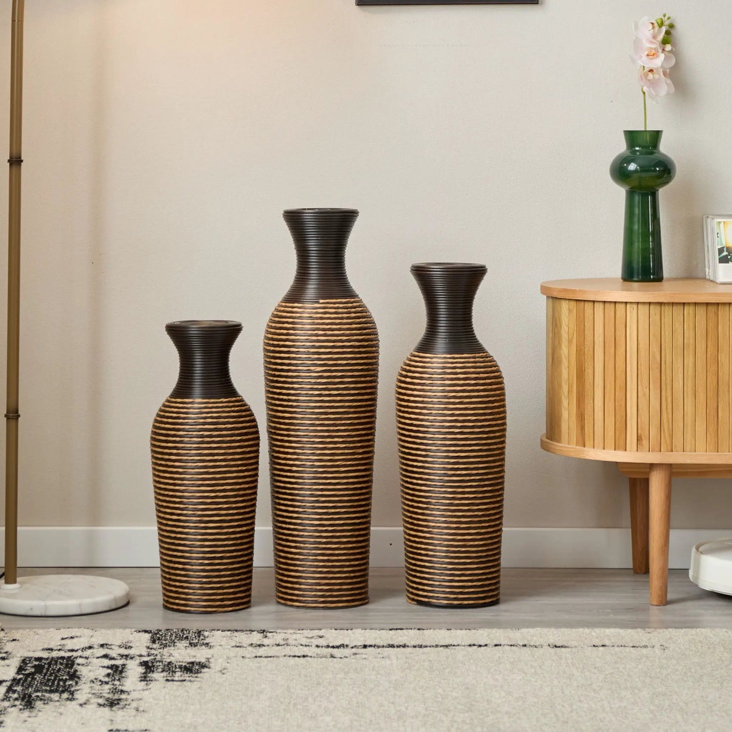 Set of 3 floor vases: dark brown ribbed ceramic with tan woven bands by Unique Piece Furniture on Tampa Home & Garden Store