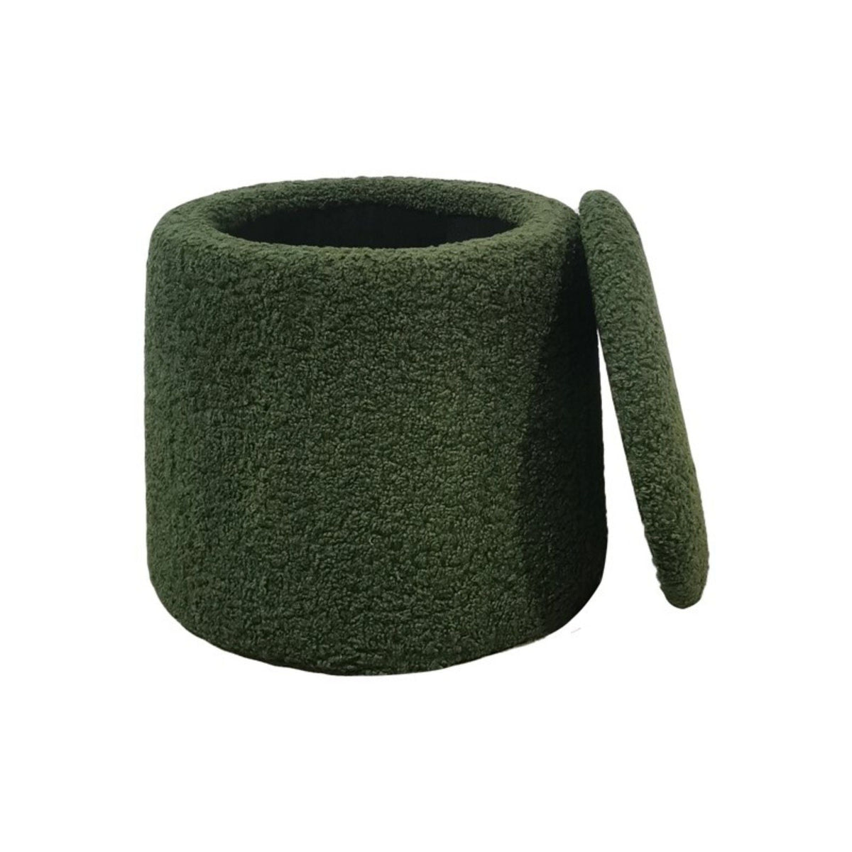 Round dark green storage ottoman in boucle fabric with open top showing interior storage on Tampa Home & Garden Store