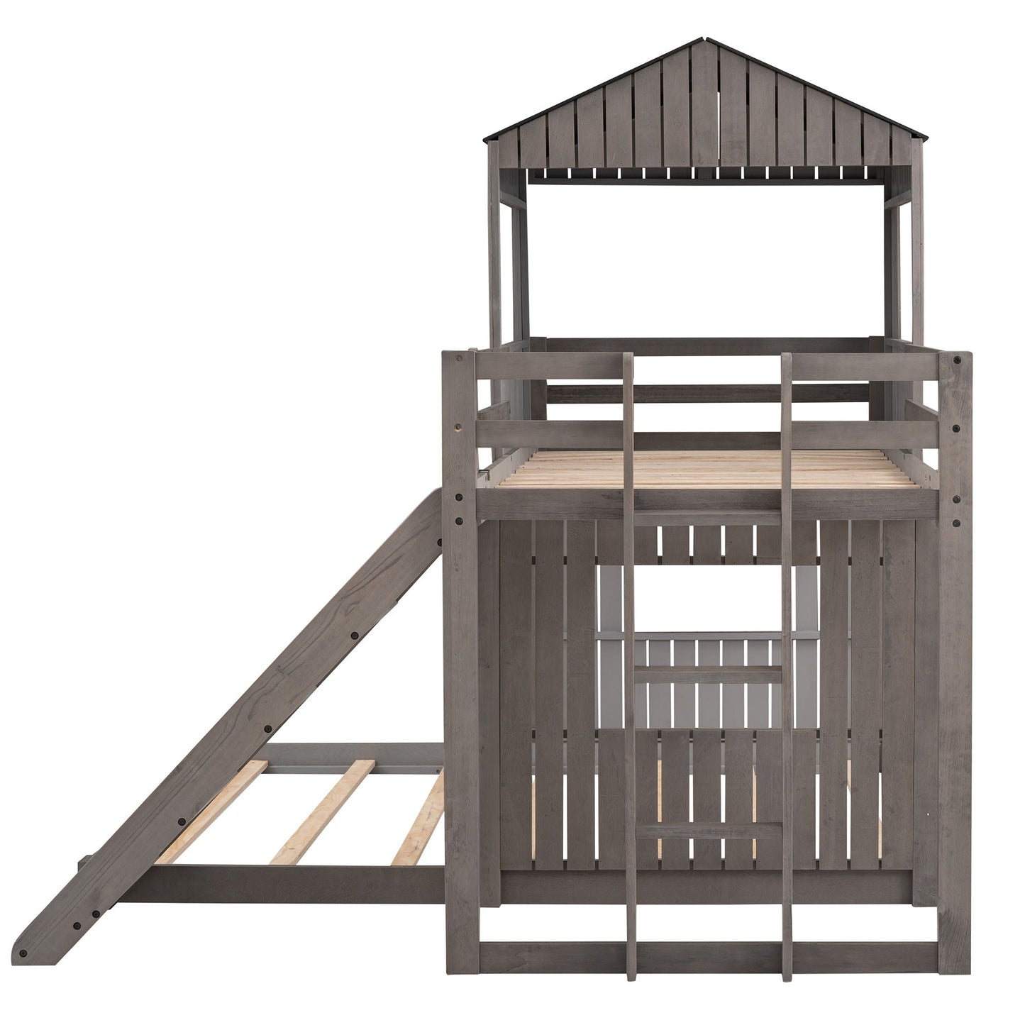 Loft Bunk Bed With Playhouse farmhouse gray wood with ladder guardrails and slide on Tampa Home & Garden Store