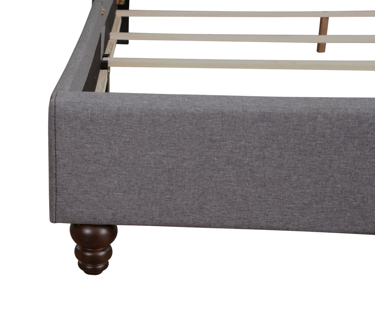 Nailhead Bed upholstered in gray fabric with light wood slats and dark bun feet HouseOfZazla on Tampa Home & Garden Store