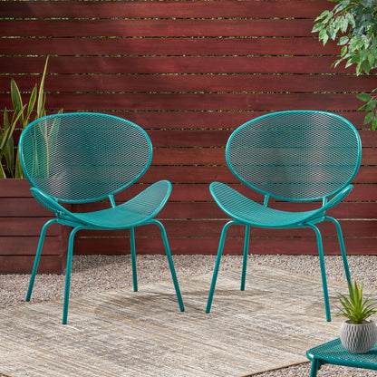 Elba Contemporary Outdoor Armless Chair Set in turquoise metal mesh, 2 chairs on Tampa Home & Garden Store