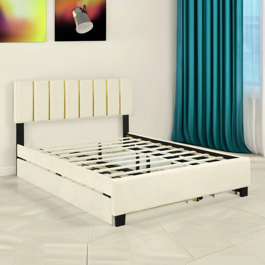 Queen size upholstered platform bed with drawers, white fabric, black legs on Tampa Home & Garden Store