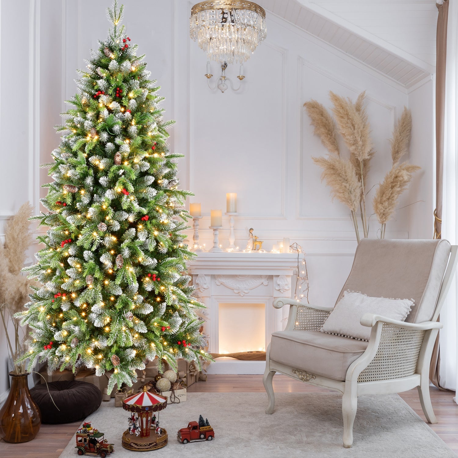 6ft pre-lit artificial Christmas tree with 380 warm white LEDs, flocked needles and red berries on Tampa Home & Garden Store